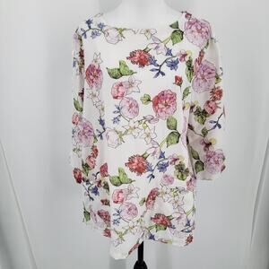 A La Carte Blouse Womens Large White Floral Pockets Sleeve Accent Buttons